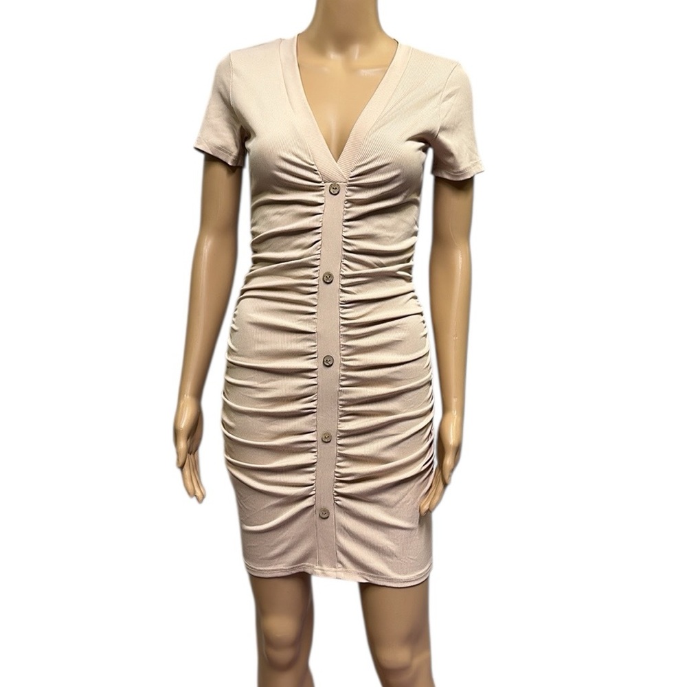 Beyove Ruched Bodycon Ribbed V Neck Button Front Short Sleeve Mini Dress Small